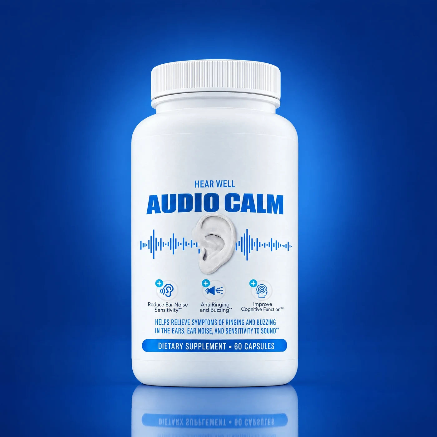 Hearwell Hearing Formula bottle on a deep blue background