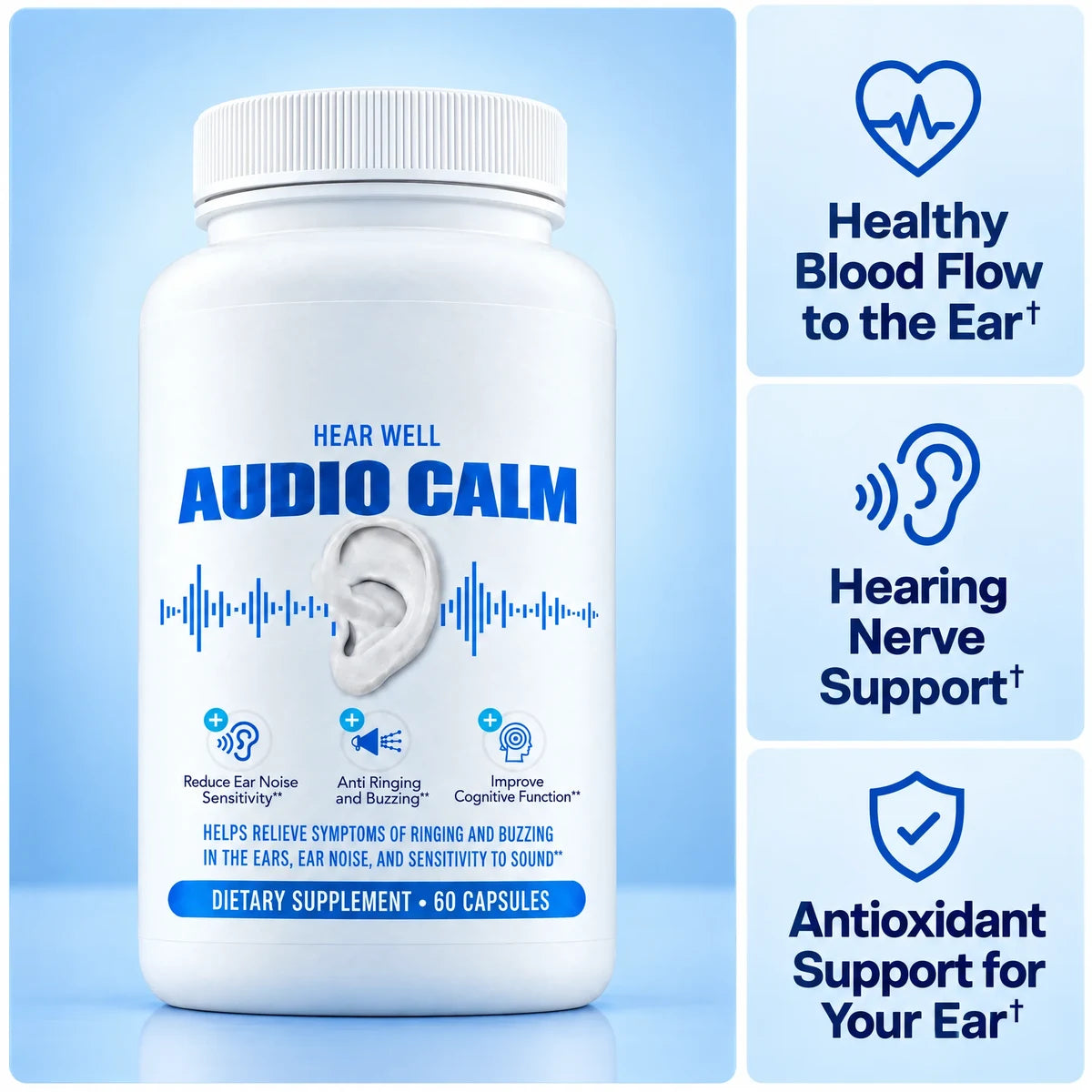 Hearwell Hearing Formula bottle with three claims: healthy blood flow to the ear, hearing nerve support, antioxidant support for your ear