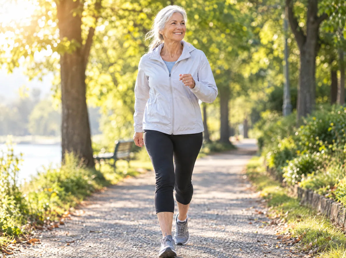 Illustrative image: an active older woman walking outdoors