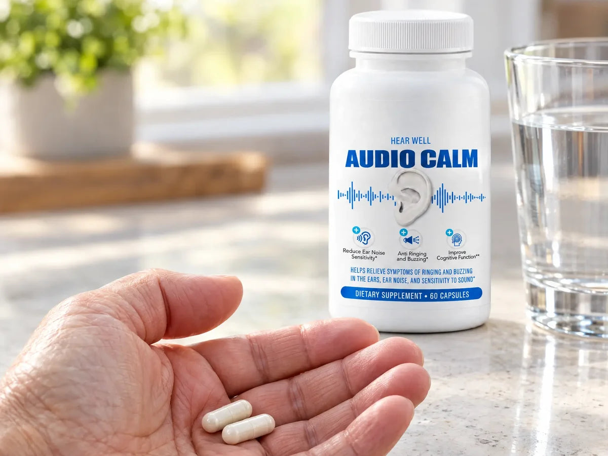 Illustrative image: two capsules in a hand next to the Hearwell bottle and a glass of water